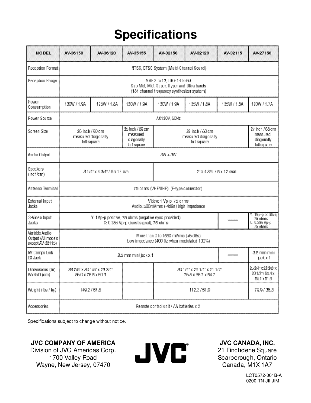 JVC AV 32120 Specifications, Jvc Company Of America, Jvc Canada, Inc, Division of JVC Americas Corp, Finchdene Square 