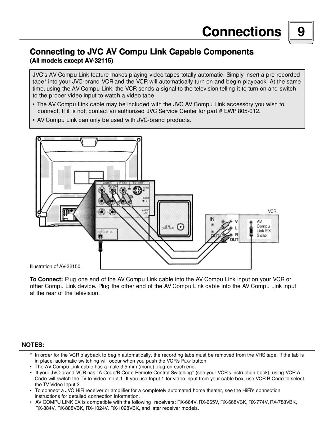 JVC AV 32150, AV 36120 manual Connecting to JVC AV Compu Link Capable Components, All models except AV-32115, Connections 