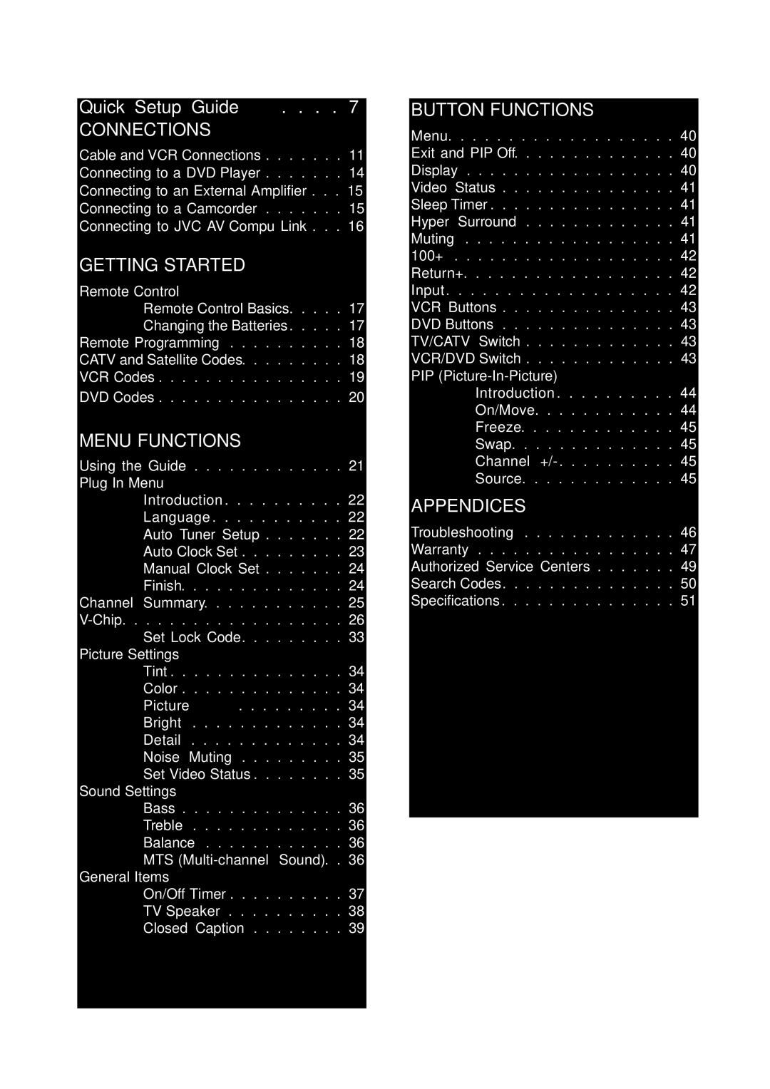 JVC AV 36230, AV 32230, AV 32260, AV 27260, AV-36260, AV-26230, AV-32260, AV-32230, AV-27260 manual Table of Contents 