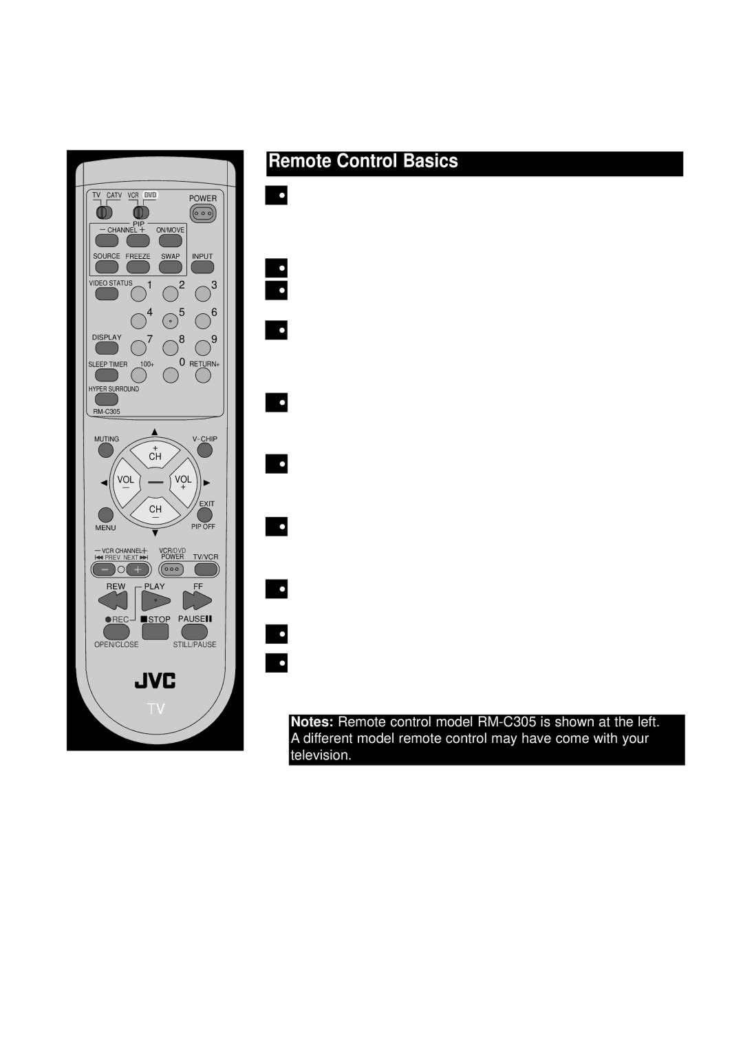 JVC AV 32260, AV 36230, AV 32230, AV 27260, AV-36260, AV-26230, AV-32260, AV-32230, AV-27260 manual Remote Control, RM-C305 