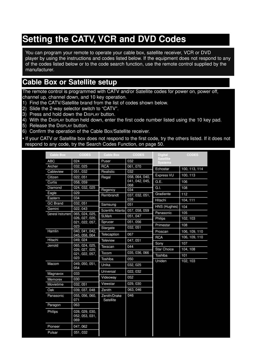 JVC AV 27260, AV 36230, AV 32230, AV 32260 manual Remote Programming, Cable Box or Satellite setup 