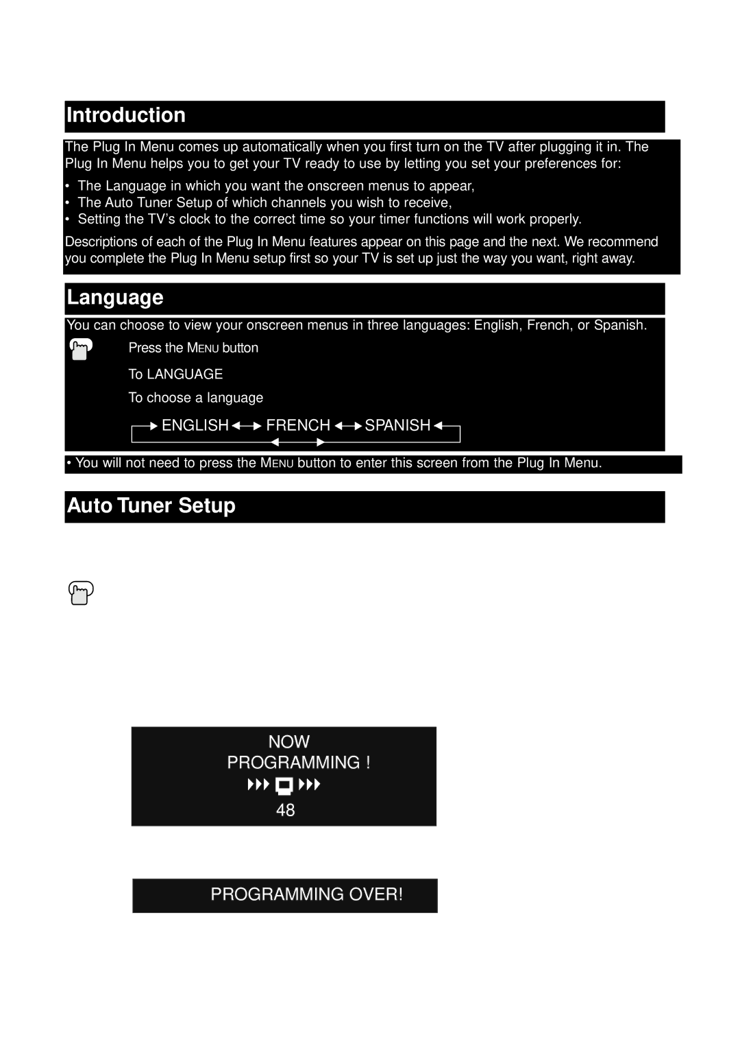 JVC AV 32260, AV 36230, AV 32230, AV 27260 manual Plug In Menu, Introduction, Language, Auto Tuner Setup 