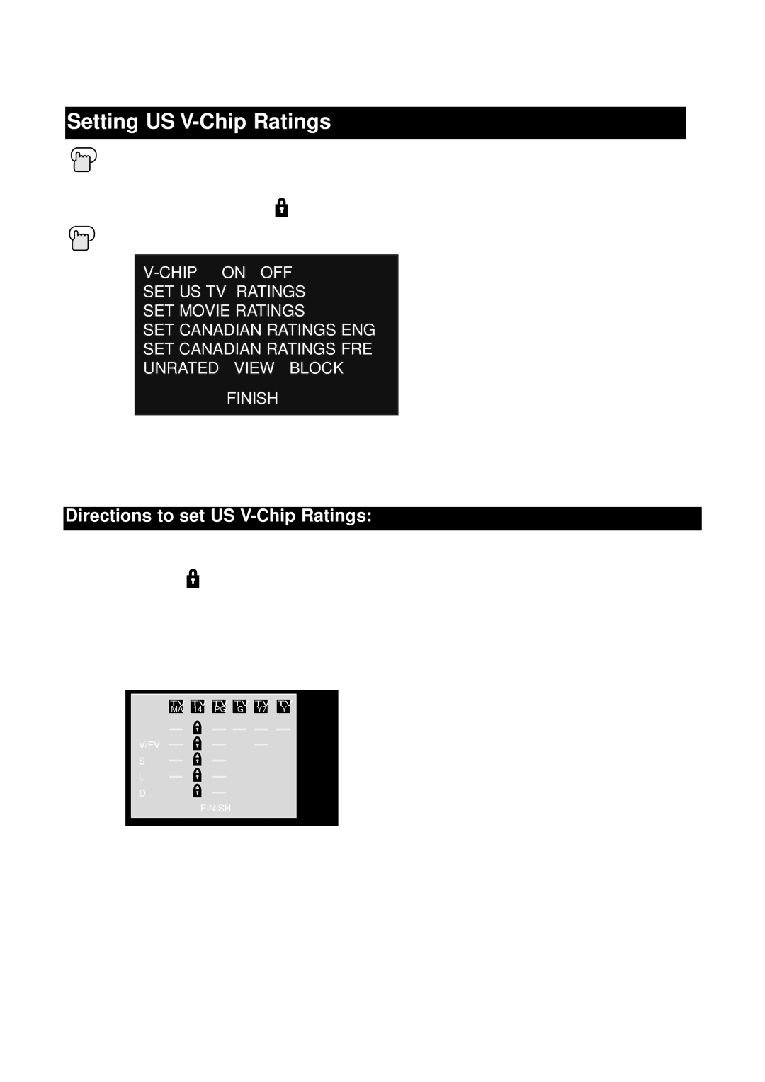 JVC AV 27260, AV 36230, AV 32230, AV 32260 manual Setting US V-Chip Ratings, Directions to set US V-Chip Ratings 