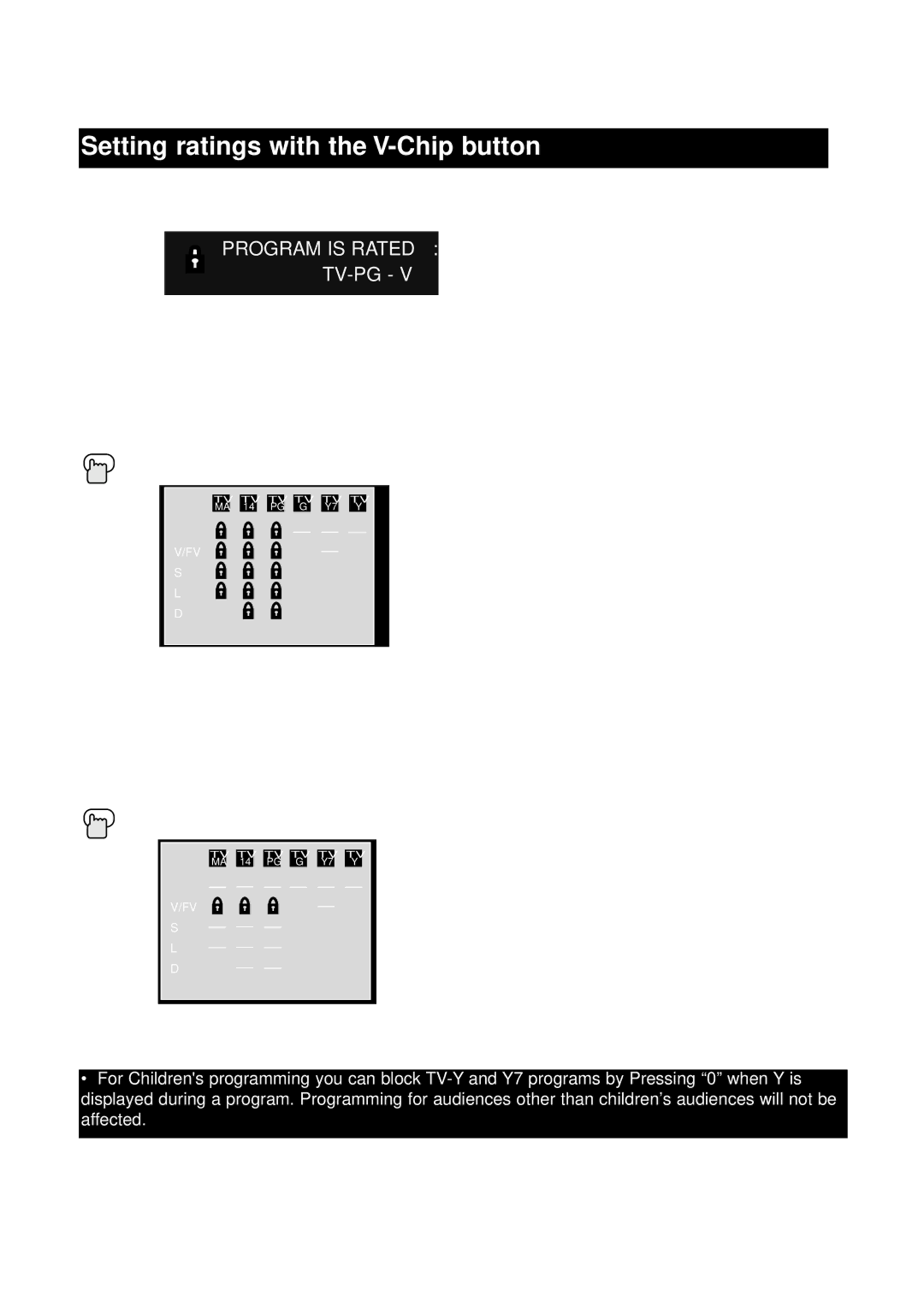 JVC AV-36260, AV-26230, AV-32260, AV-32230, AV-27260 manual Setting ratings with the V-Chip button, Program is Rated TV-PG 