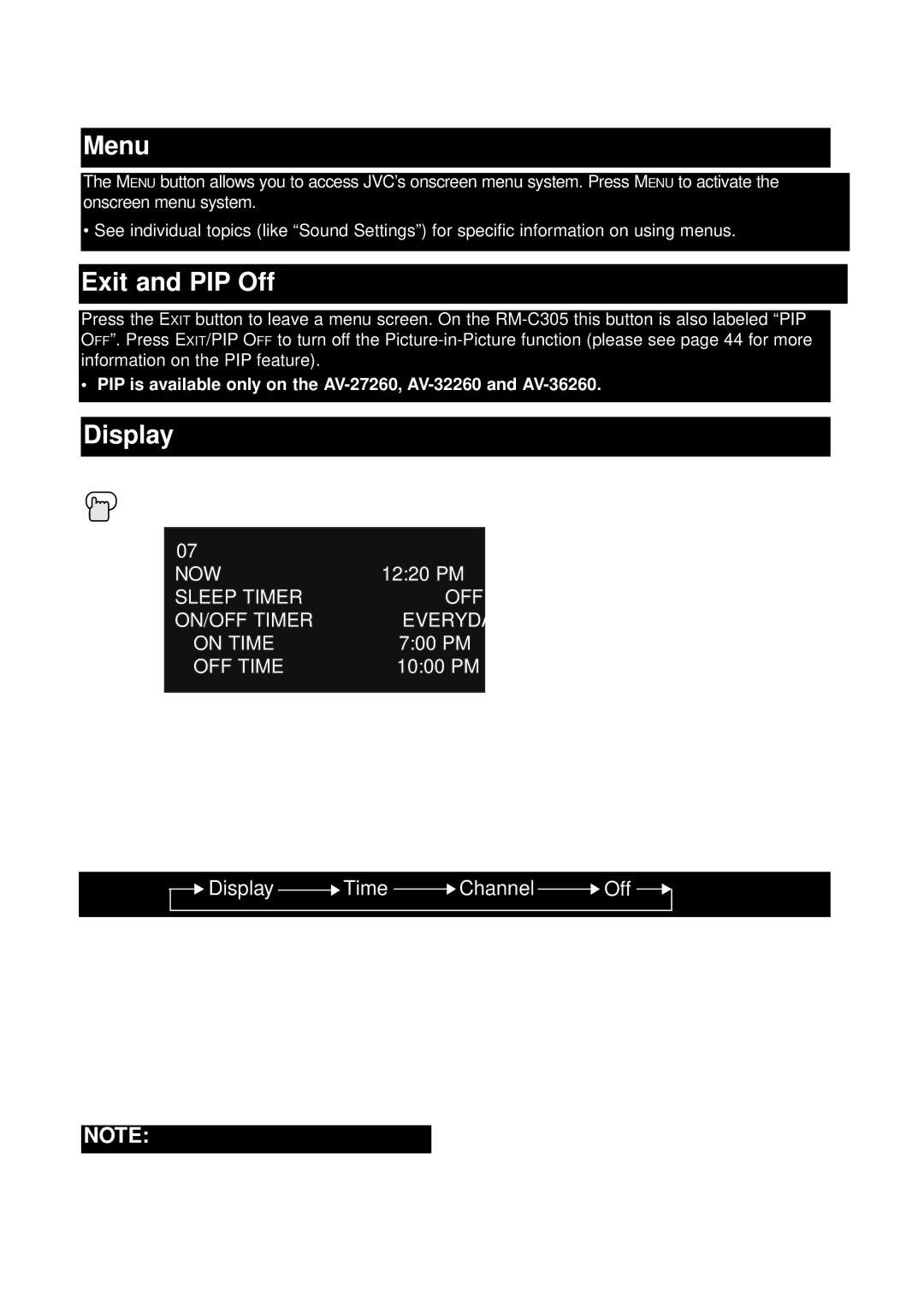 JVC AV 36230, AV 32230, AV 32260, AV 27260 manual Button Functions, Menu, Exit and PIP Off, Display 