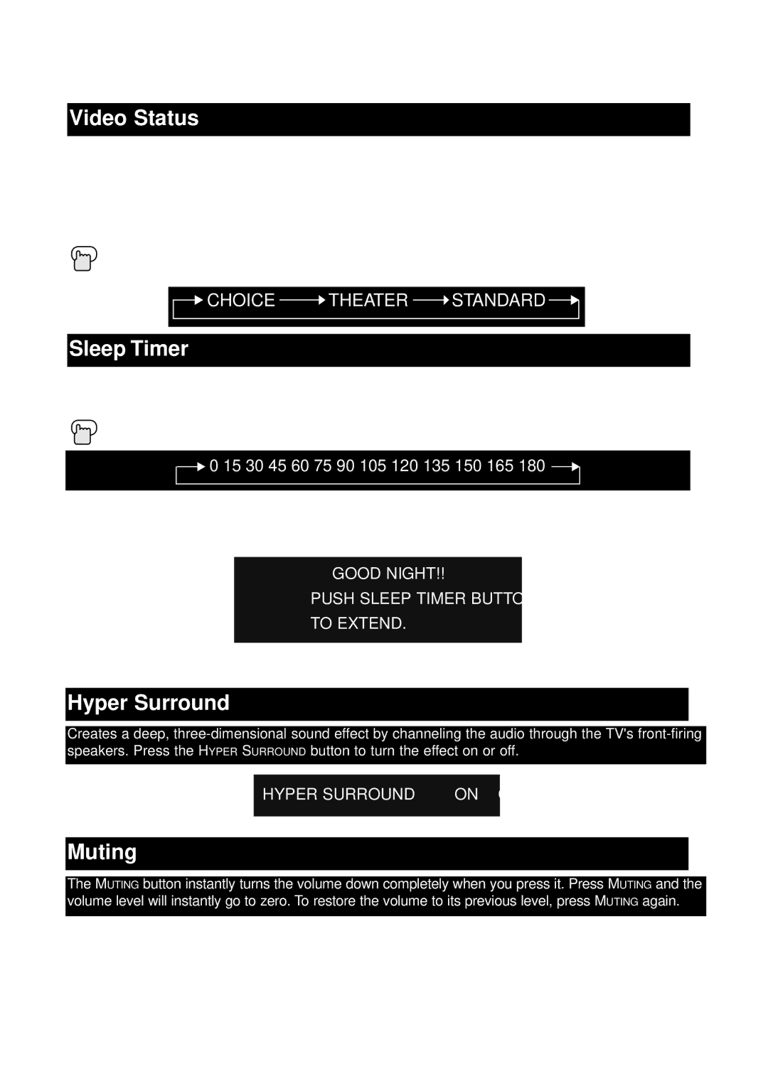 JVC AV 32230, AV 36230, AV 32260, AV 27260 manual Video Status, Sleep Timer, Hyper Surround, Muting 