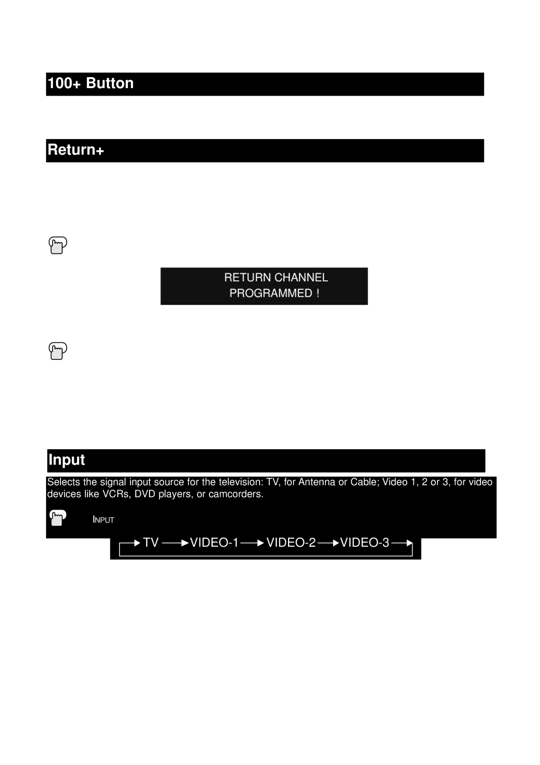 JVC AV 32260, AV 36230, AV 32230, AV 27260 manual 100+ Button, Return+, Input, Return Channel Programmed 