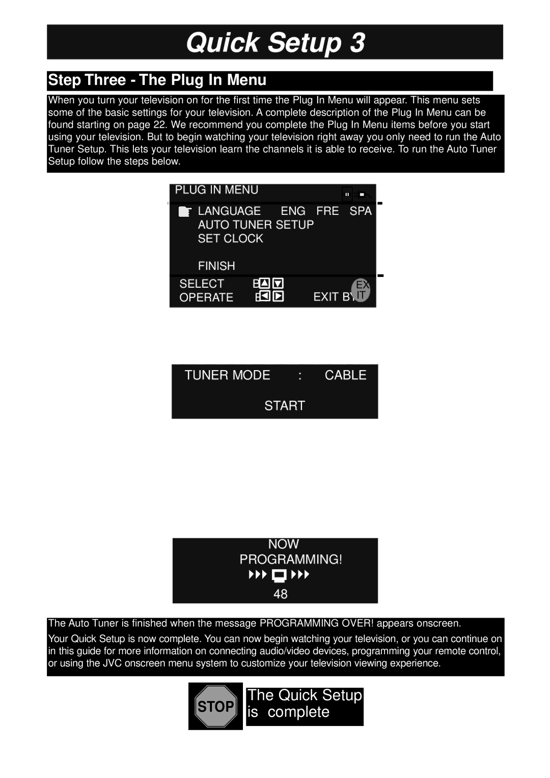 JVC AV-36260, AV-26230, AV-32260, AV-32230, AV-27260 manual Step Three The Plug In Menu, Plug in Menu Language ENG FRE SPA 