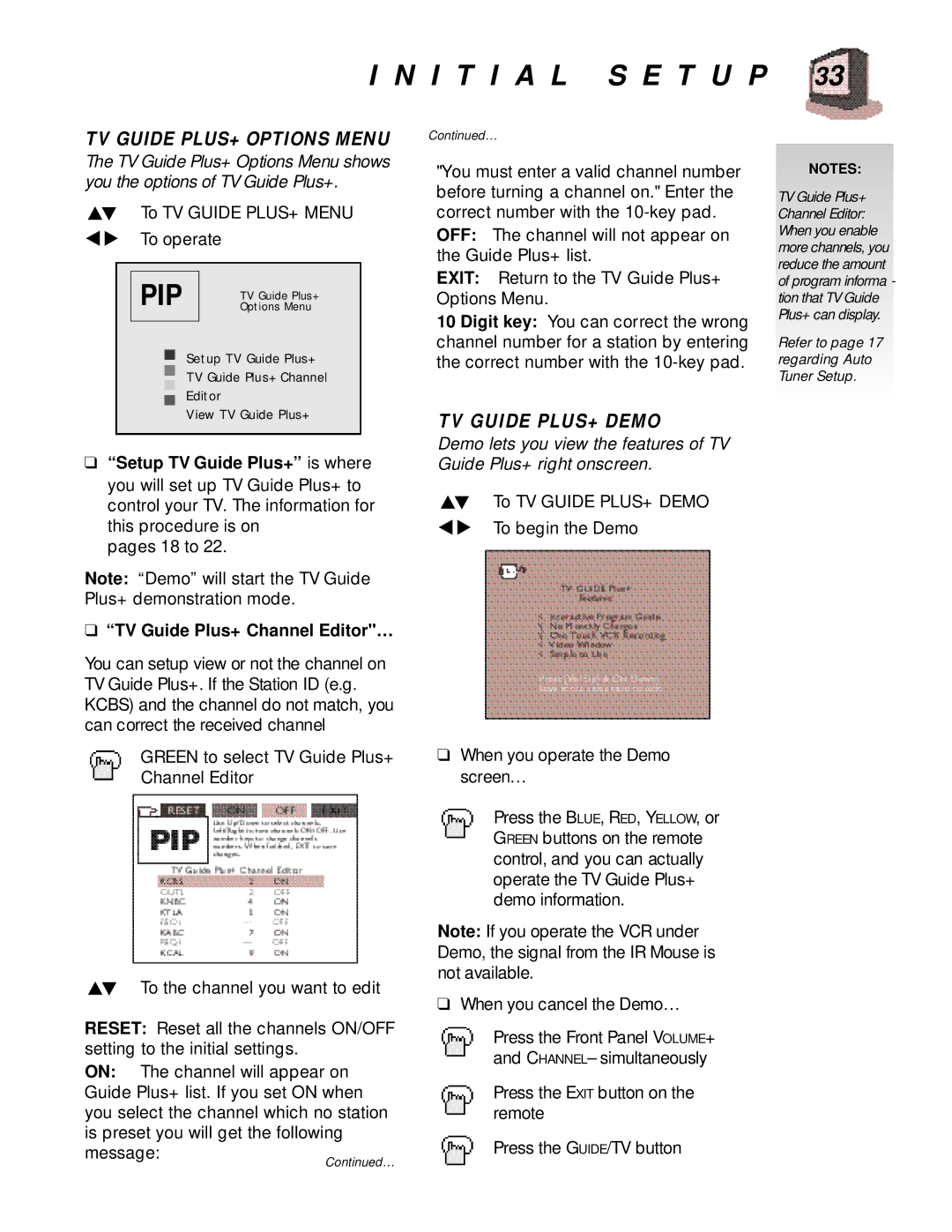 JVC AV 36980, AV-32980, AV-36980, AV-27980 manual I T I a L S E T U P, TV Guide PLUS+ Options Menu, TV Guide PLUS+ Demo 