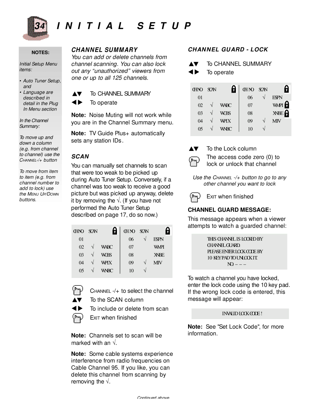 JVC AV-32980, AV-36980, AV-27980, AV 36980 manual N I T I a L S E T U P, Channel Summary, Channel Guard Message 