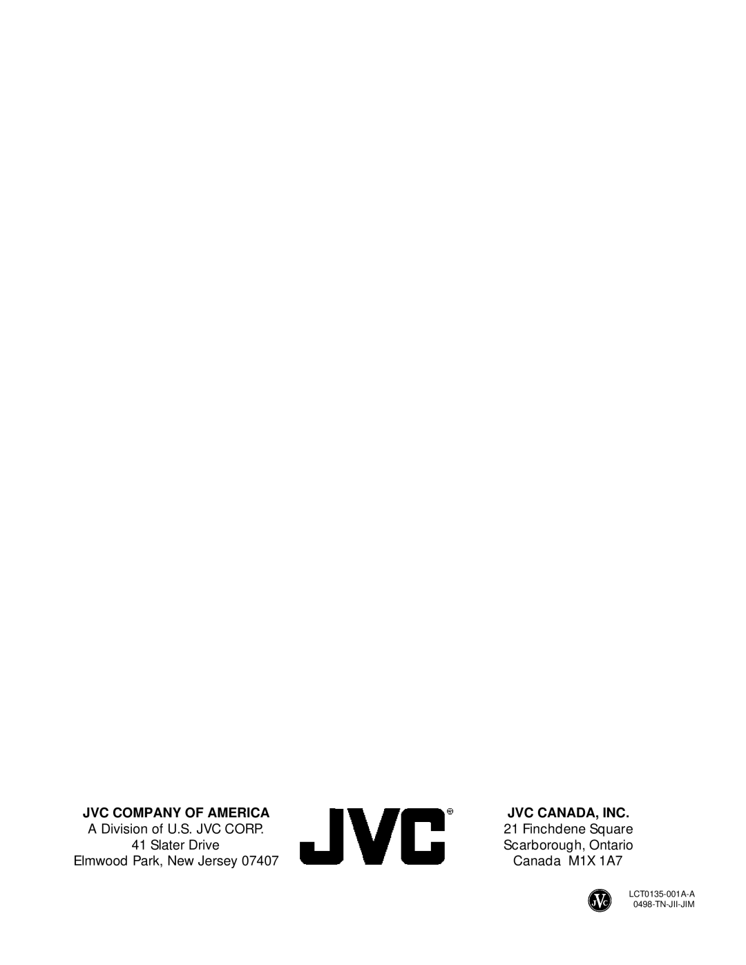 JVC AV 36980, AV-32980, AV-36980, AV-27980, AV-27980, AV-32980, AV-36980 manual JVC Company of America JVC CANADA, INC 