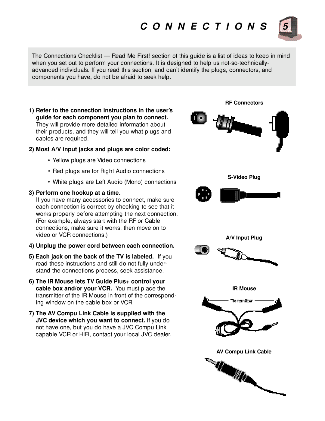 JVC AV-27980, AV-32980, AV-36980, AV 36980 manual N N E C T I O N S, Most A/V input jacks and plugs are color coded 