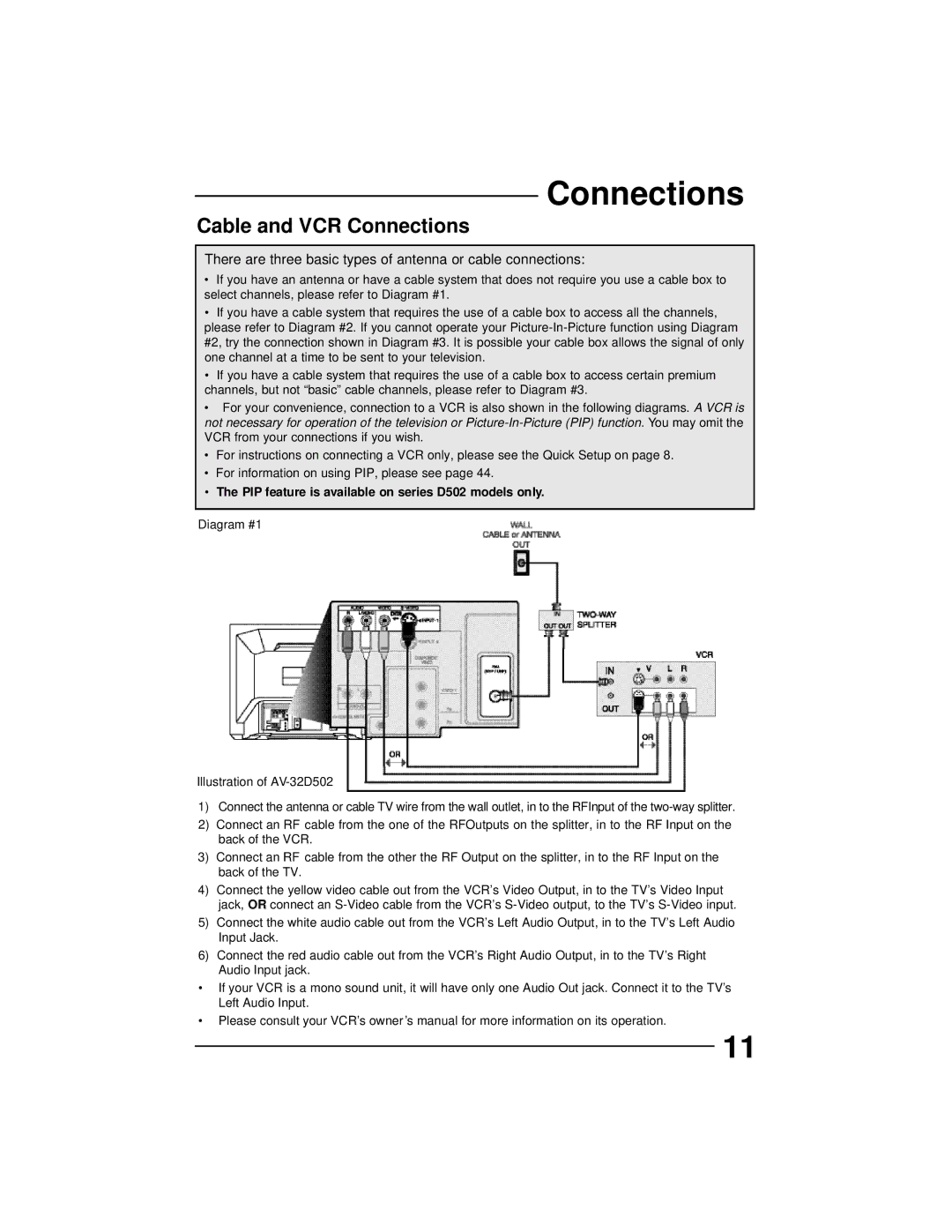 JVC AV 32D502, AV 36D202, AV 36D502, AV 36D302, AV 32D302, AV 27D502, AV 32D202 manual Cable and VCR Connections 