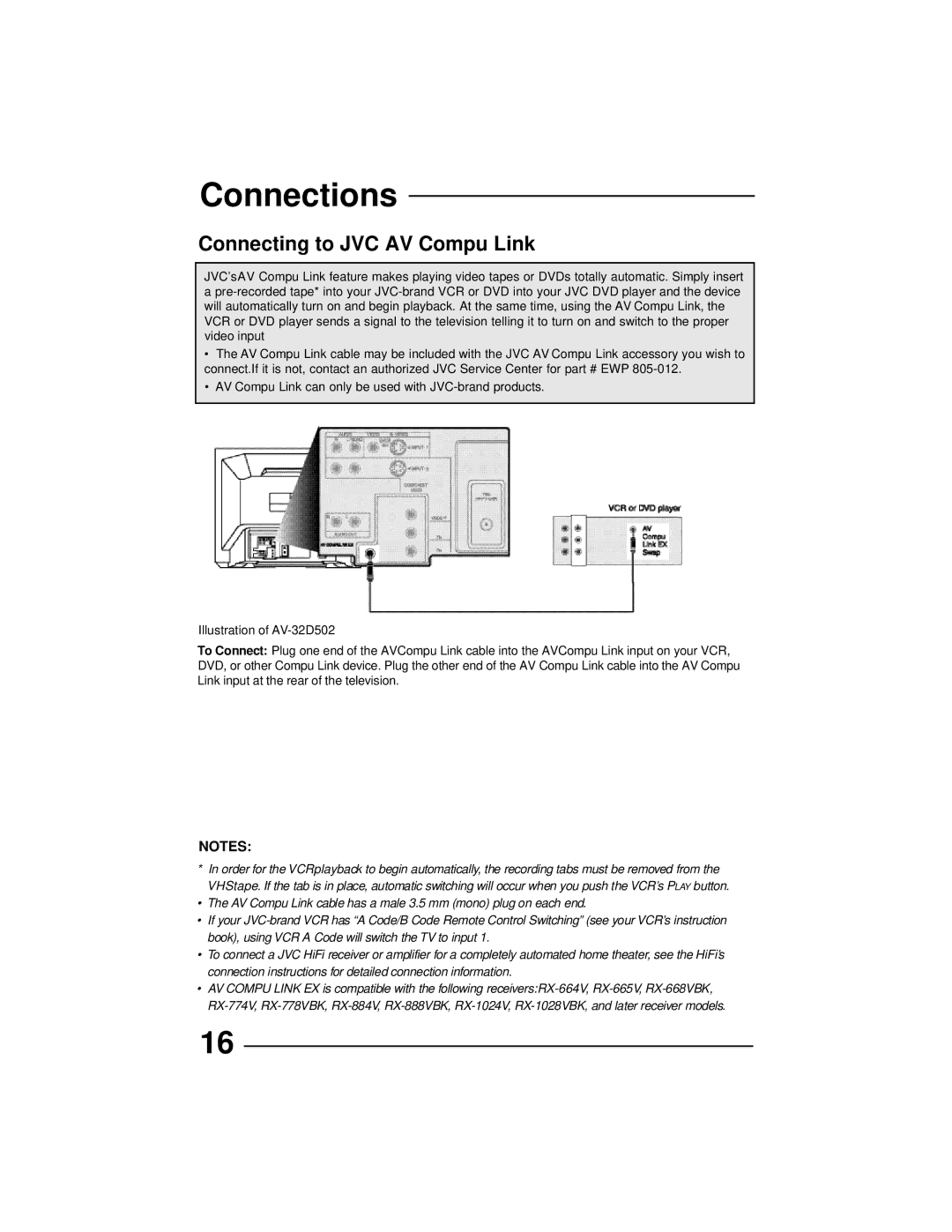 JVC AV 36D302, AV 36D202, AV 36D502, AV 32D302, AV 32D502, AV 27D502, AV 32D202 manual Connecting to JVC AV Compu Link 