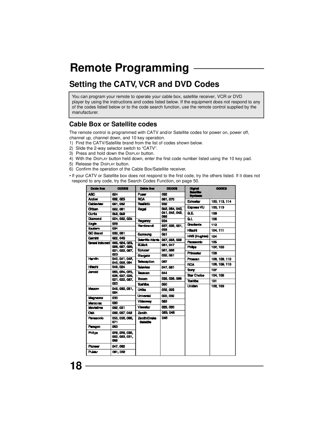 JVC AV 32D502, AV 36D202, AV 36D502, AV 36D302, AV 32D302, AV 27D502 manual Remote Programming, Cable Box or Satellite codes 