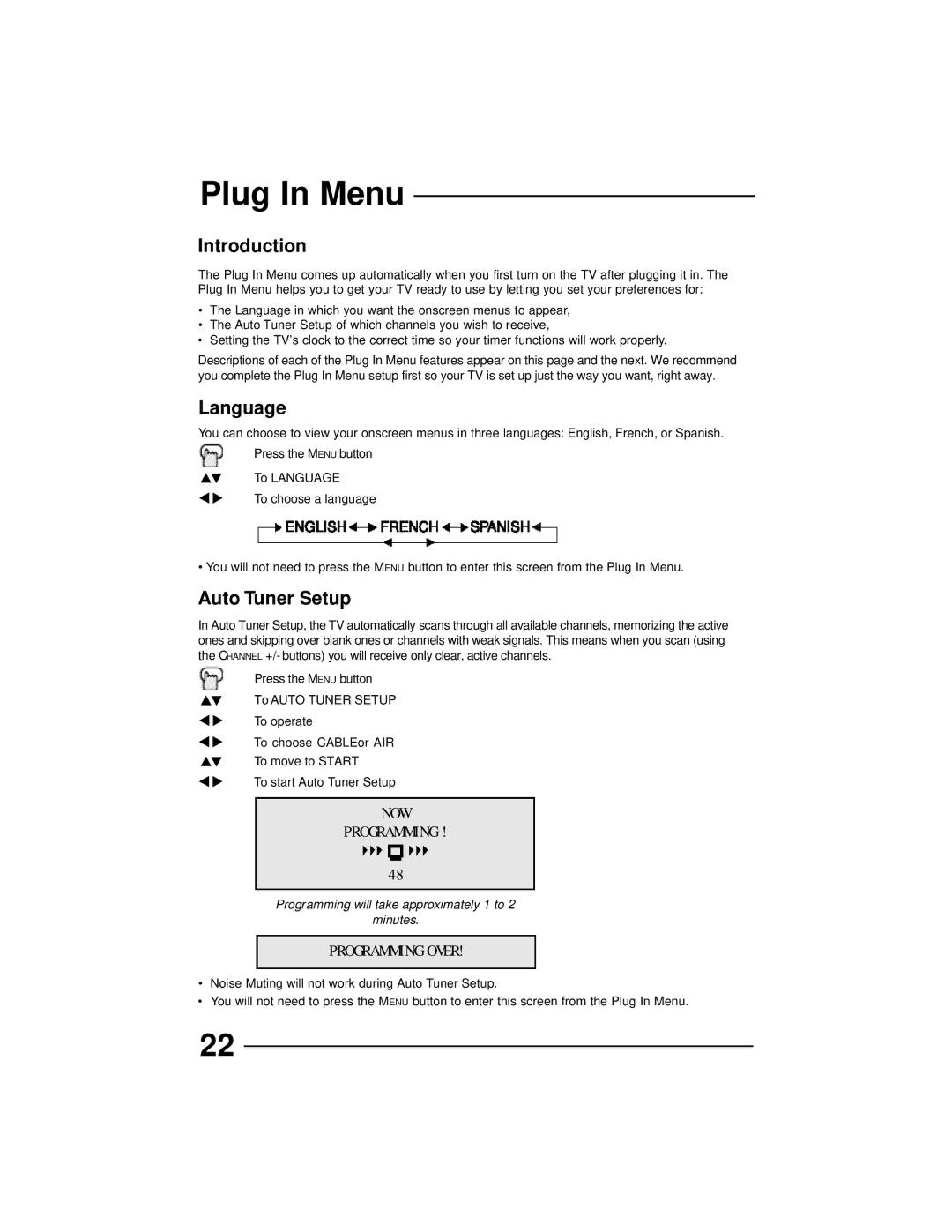 JVC AV 36D502, AV 36D202, AV 36D302, AV 32D302, AV 32D502, AV 27D502 Plug In Menu, Introduction, Language, Auto Tuner Setup 