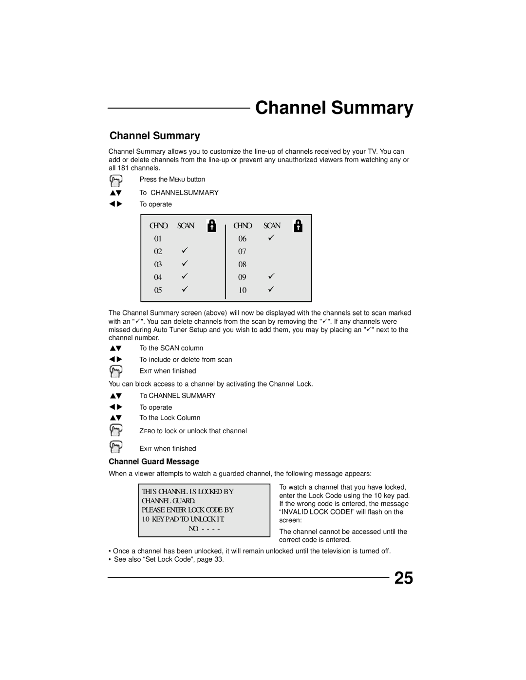 JVC AV 32D502, AV 36D202, AV 36D502, AV 36D302, AV 32D302, AV 27D502, AV 32D202 manual Channel Summary 