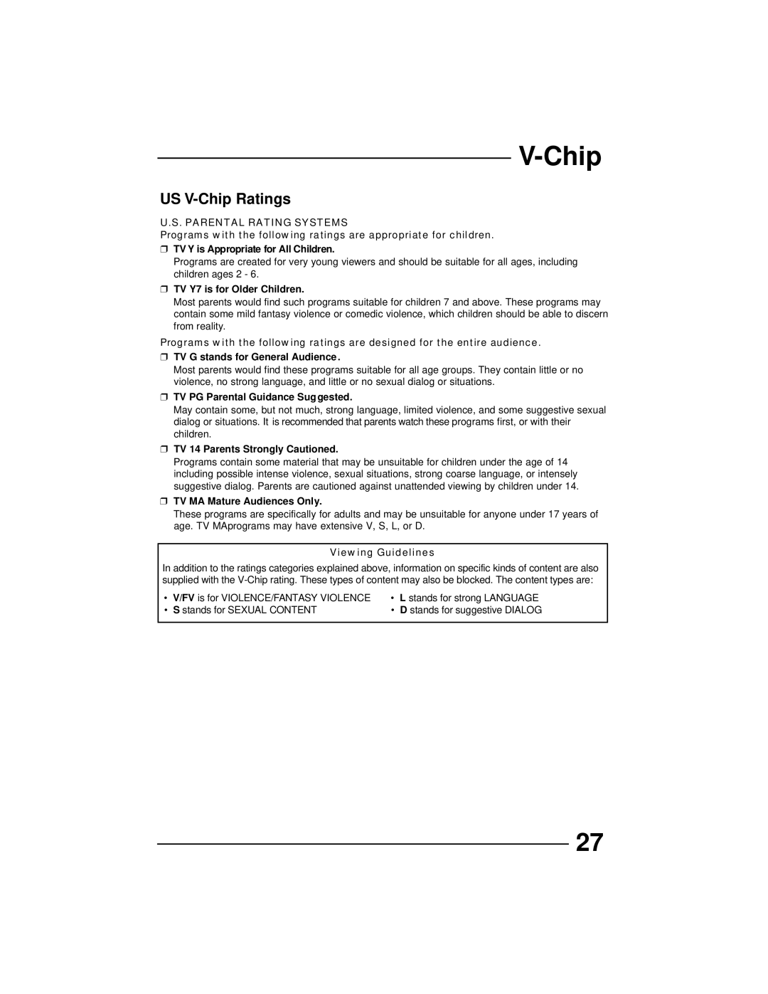 JVC AV 32D202, AV 36D202, AV 36D502, AV 36D302, AV 32D302, AV 32D502, AV 27D502 manual US V-Chip Ratings, Parental Rating Systems 