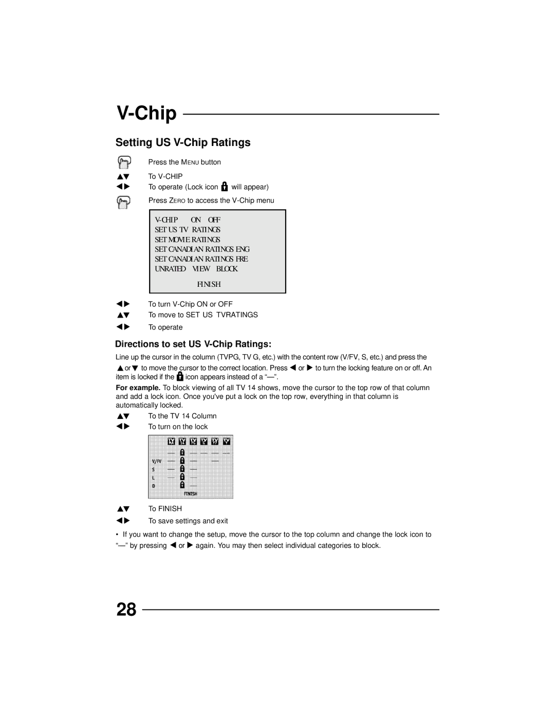 JVC AV 36D202, AV 36D502, AV 36D302, AV 32D302, AV 32D502 manual Setting US V-Chip Ratings, Directions to set US V-Chip Ratings 