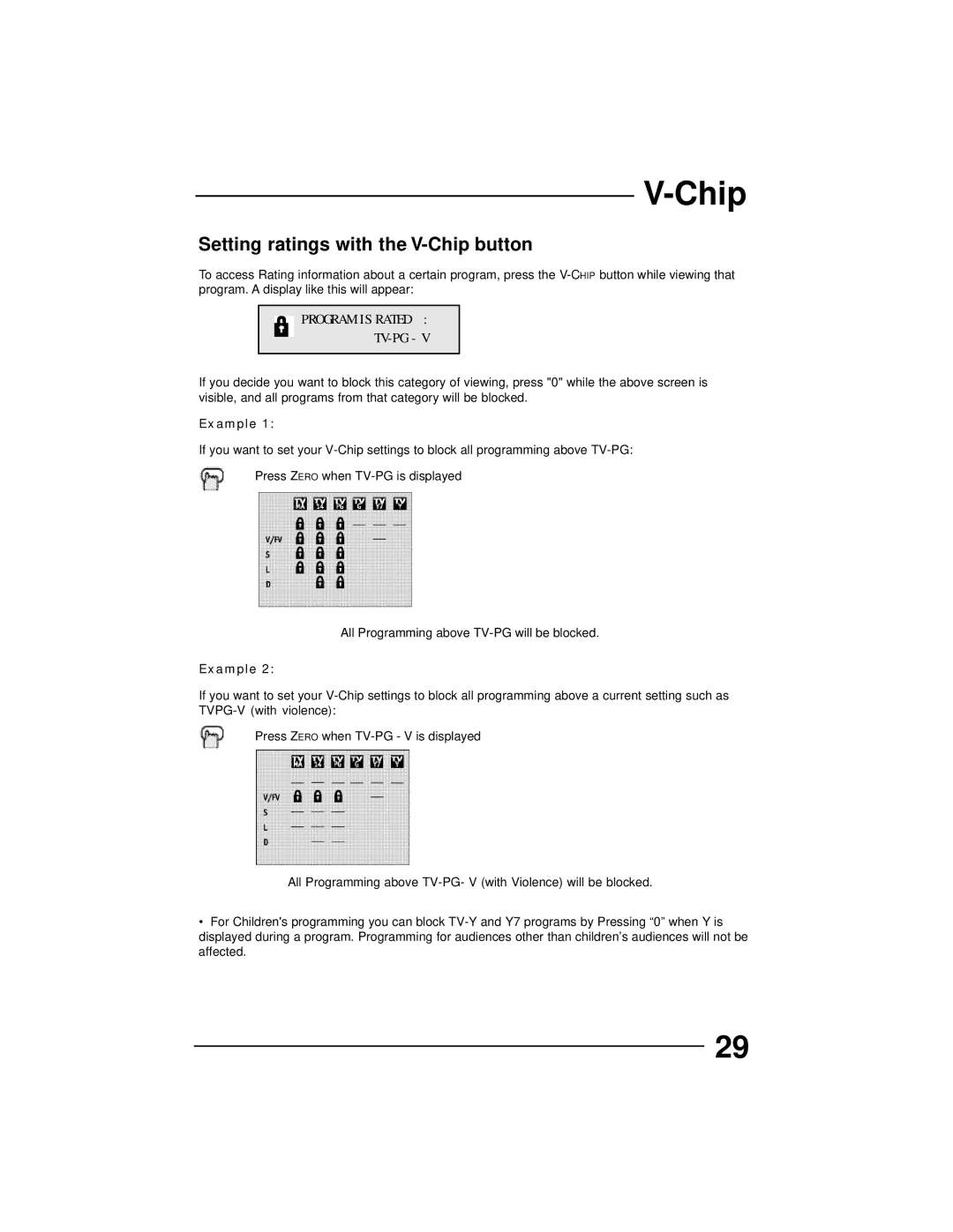 JVC AV 36D502, AV 36D202, AV 36D302, AV 32D302, AV 32D502 manual Setting ratings with the V-Chip button, Program is Rated TV-PG 