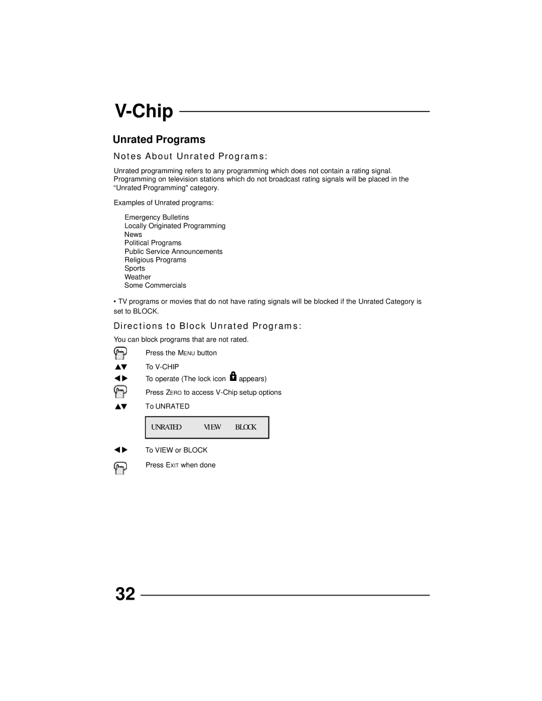 JVC AV 32D502, AV 36D202, AV 36D502, AV 36D302, AV 32D302, AV 27D502, AV 32D202 manual Directions to Block Unrated Programs 