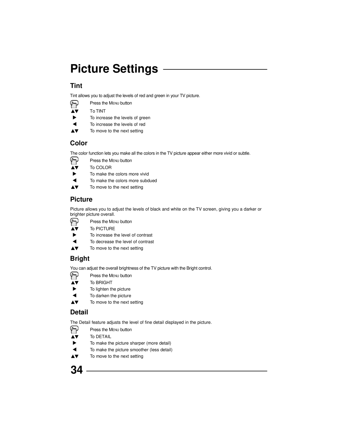 JVC AV 32D202, AV 36D202, AV 36D502, AV 36D302, AV 32D302, AV 32D502, AV 27D502 manual Picture Settings 