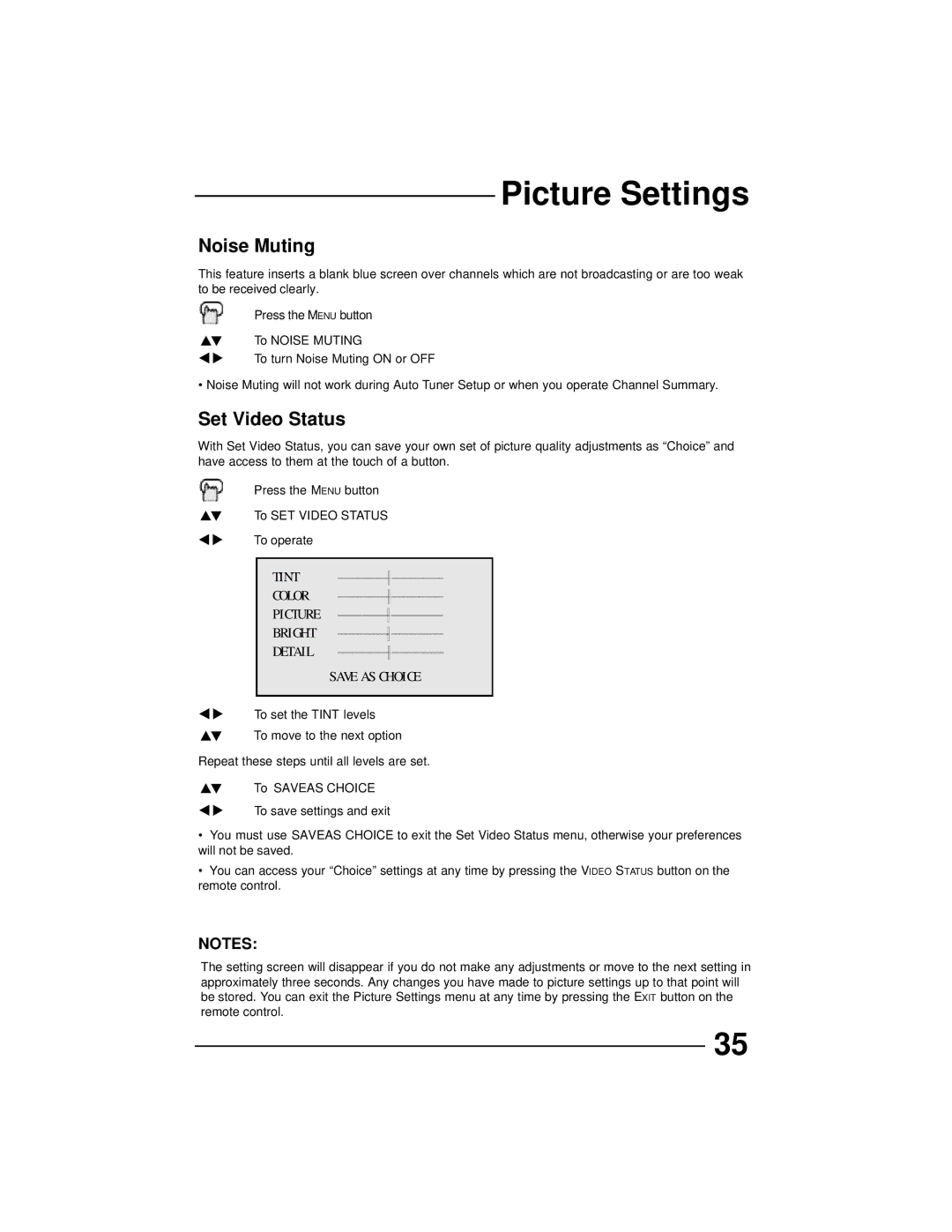 JVC AV 36D202, AV 36D502, AV 36D302, AV 32D302 manual Noise Muting, Set Video Status, Tint Color, Bright Detail Save AS Choice 