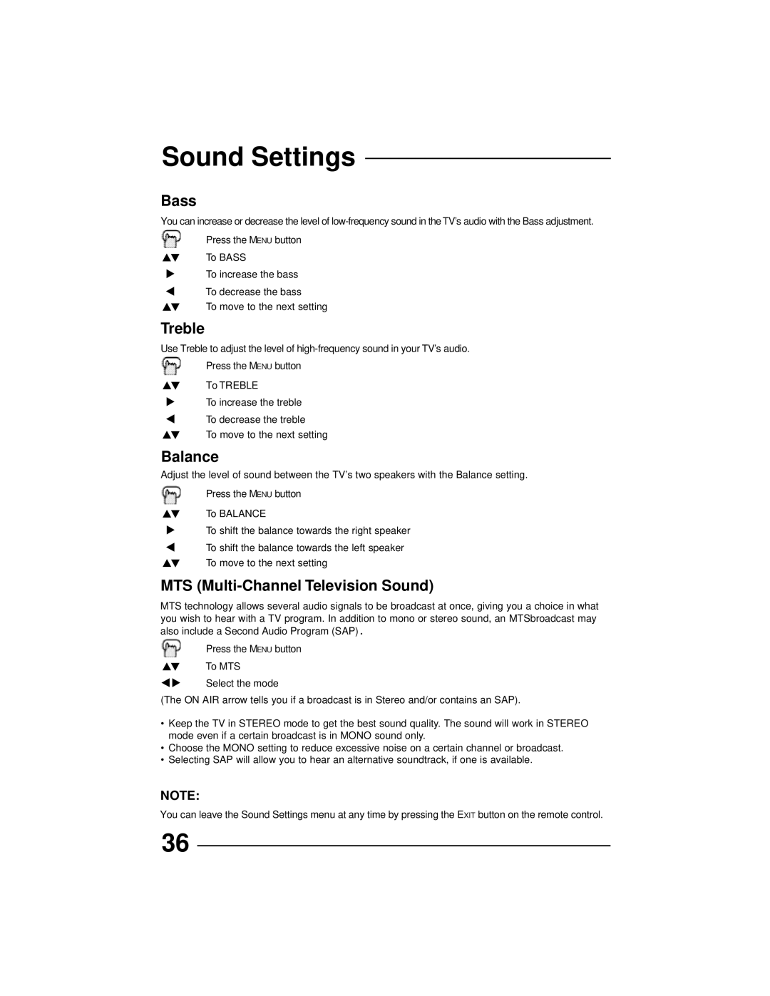 JVC AV 36D502, AV 36D202, AV 36D302, AV 32D302 Sound Settings, Bass, Treble, Balance, MTS Multi-Channel Television Sound 