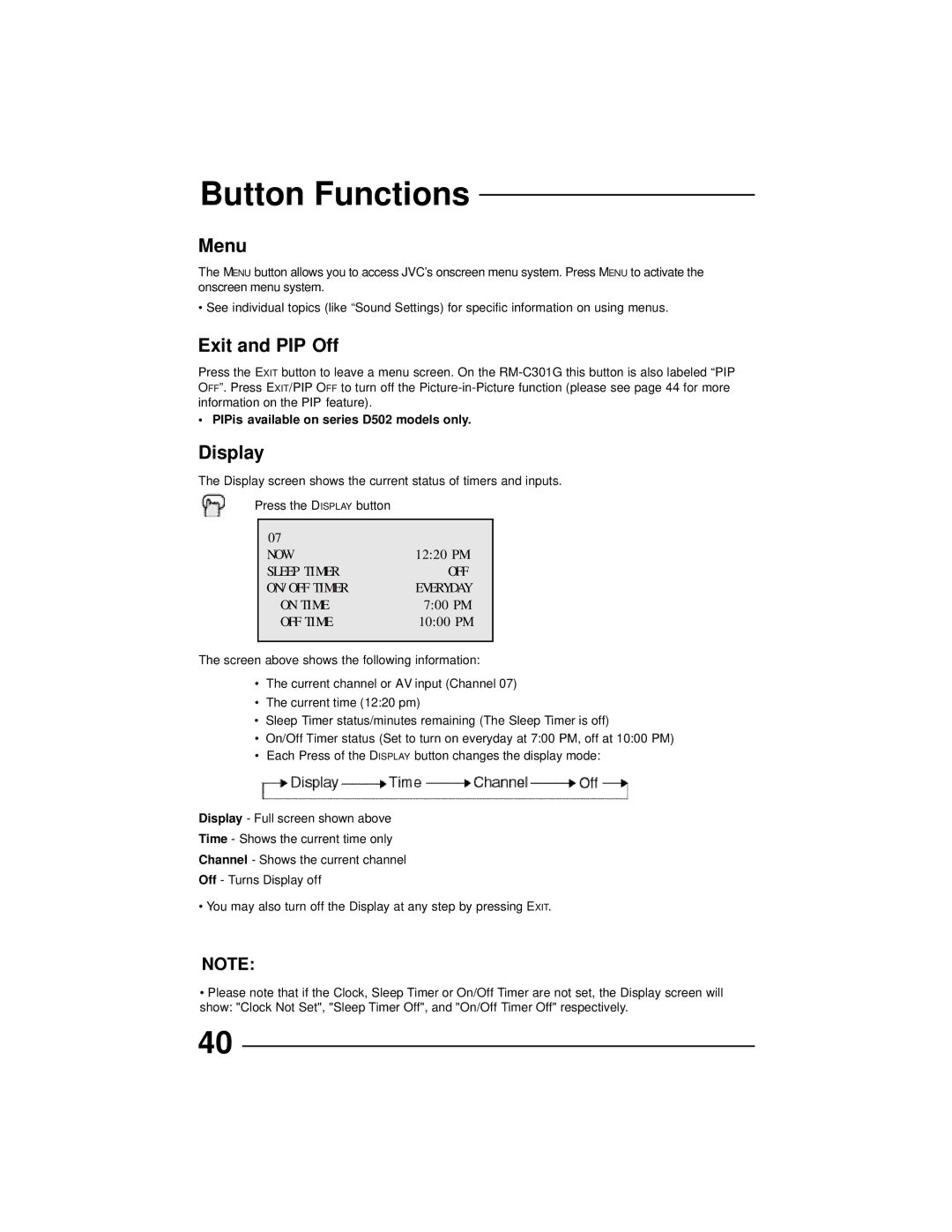 JVC AV 27D502, AV 36D202, AV 36D502, AV 36D302, AV 32D302, AV 32D502 manual Button Functions, Menu, Exit and PIP Off, Display 