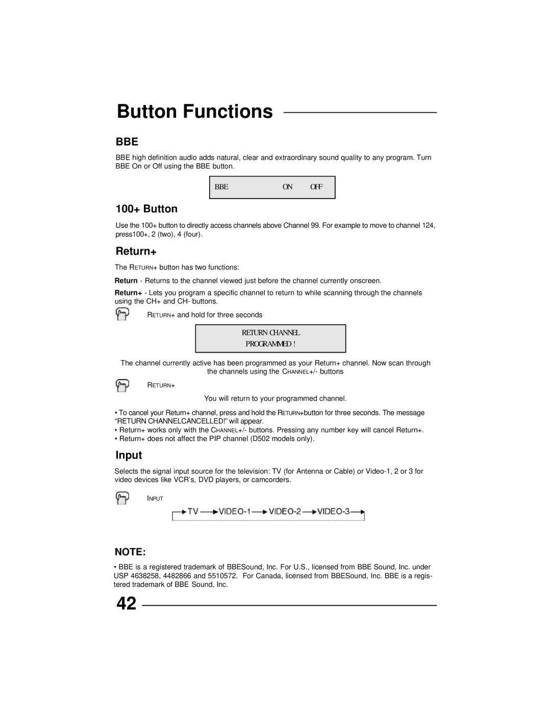 JVC AV 36D202, AV 36D502, AV 36D302, AV 32D302, AV 32D502 100+ Button, Return+, Input, Bbe Off, Return Channel Programmed 