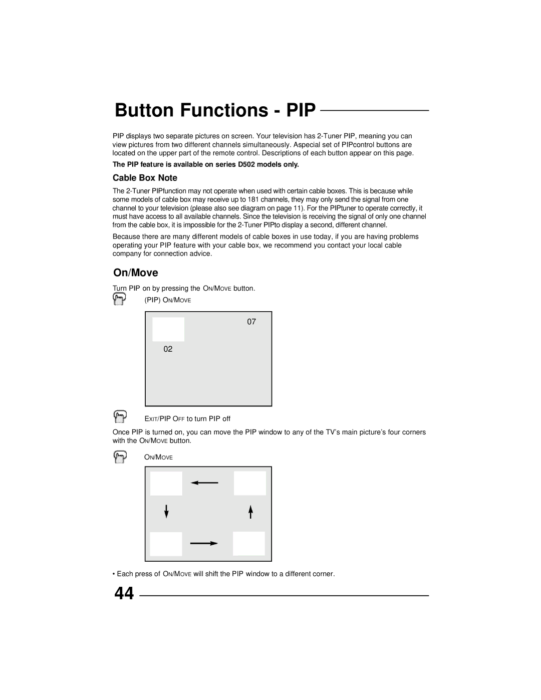 JVC AV 36D302, AV 36D202, AV 36D502, AV 32D302, AV 32D502, AV 27D502, AV 32D202 manual Button Functions PIP, On/Move 