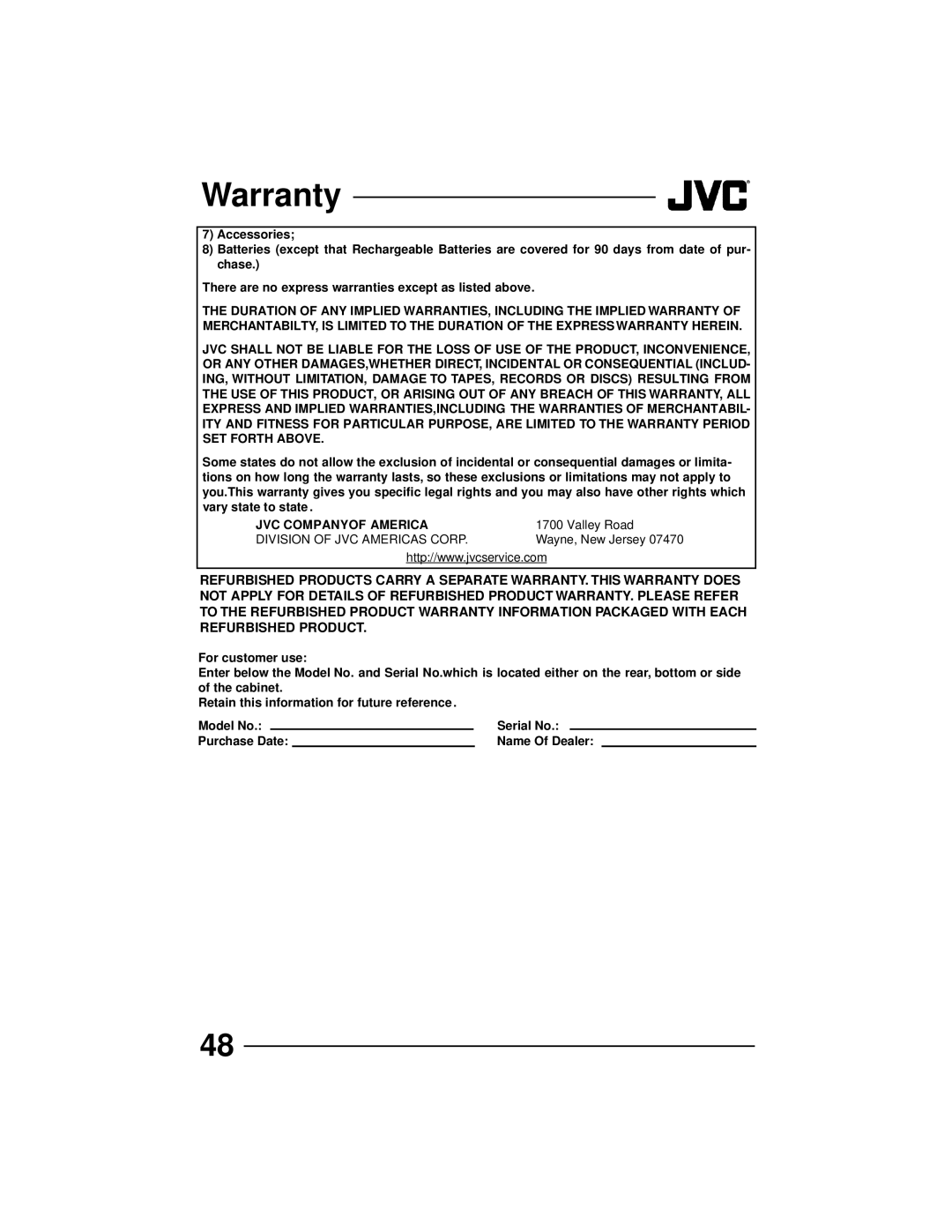 JVC AV 32D202, AV 36D202, AV 36D502, AV 36D302, AV 32D302, AV 32D502, AV 27D502 manual JVC Companyof America 