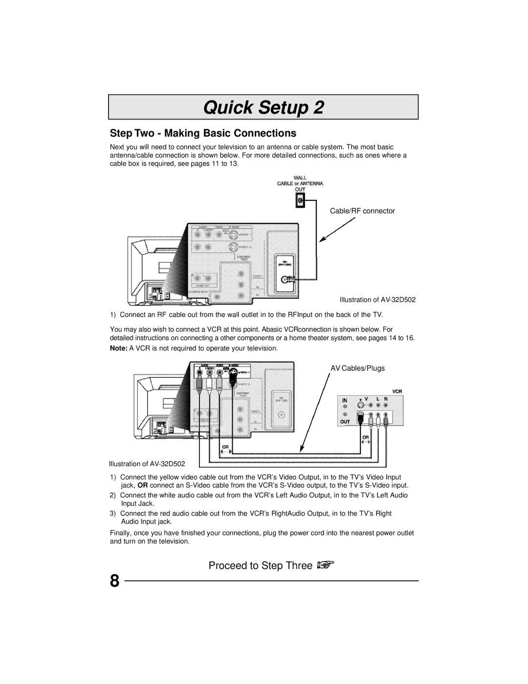 JVC AV 36D502, AV 36D202, AV 36D302, AV 32D302 Step Two Making Basic Connections, AV Cables/Plugs Illustration of AV-32D502 