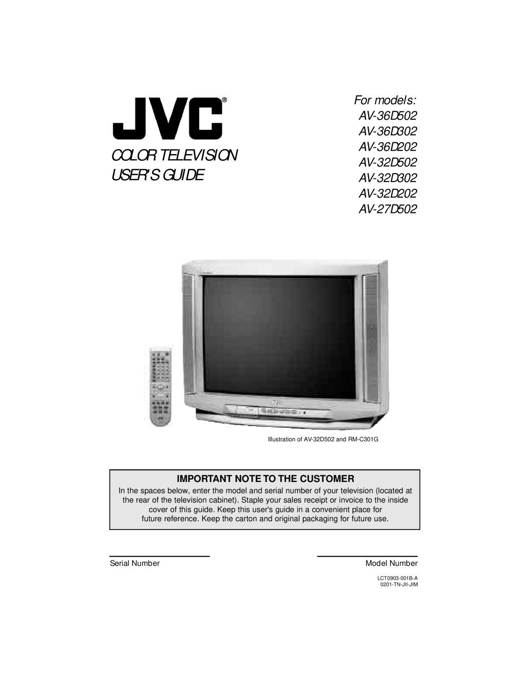 JVC AV 36D502, AV 36D202, AV 36D302, AV 32D302, AV 32D502 manual Color Television Users Guide, Important Note To The Customer 