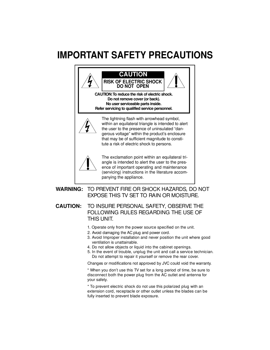 JVC AV 36D302, AV 36D202, AV 36D502, AV 32D302, AV 32D502 Important Safety Precautions, Risk Of Electric Shock Do Not Open 