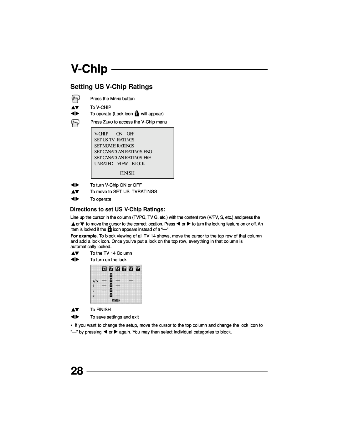 JVC AV 36D202, AV 36D502, AV 36D302, AV 32D302 manual Setting US V-Chip Ratings, Directions to set US V-Chip Ratings, Finish 