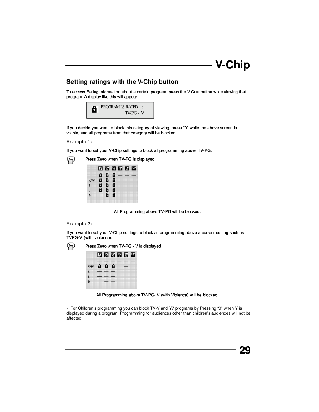 JVC AV 36D502, AV 36D202, AV 36D302, AV 32D302 manual Setting ratings with the V-Chip button, Program Is Rated Tv-Pg, Example 