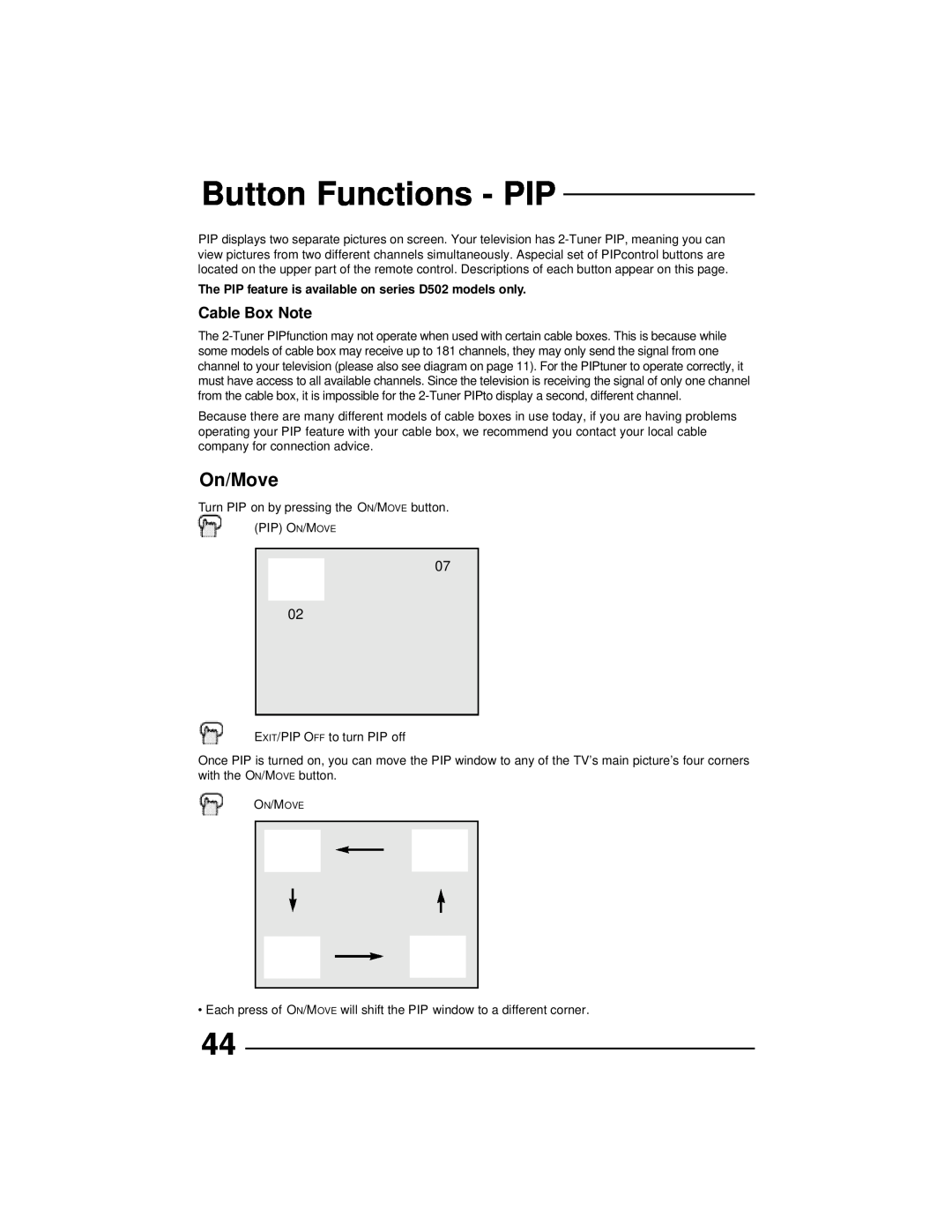 JVC AV 36D302 Button Functions - PIP, On/Move, Cable Box Note, The PIP feature is available on series D502 models only 