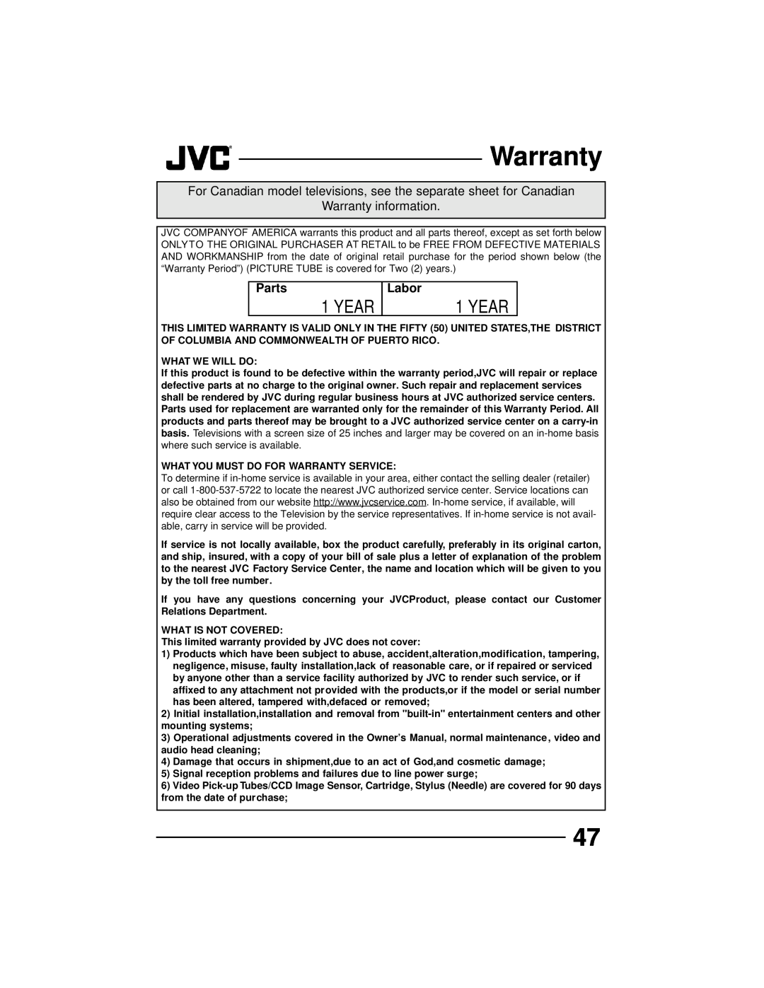 JVC AV 27D502 Year, For Canadian model televisions, see the separate sheet for Canadian, Warranty information, Parts 