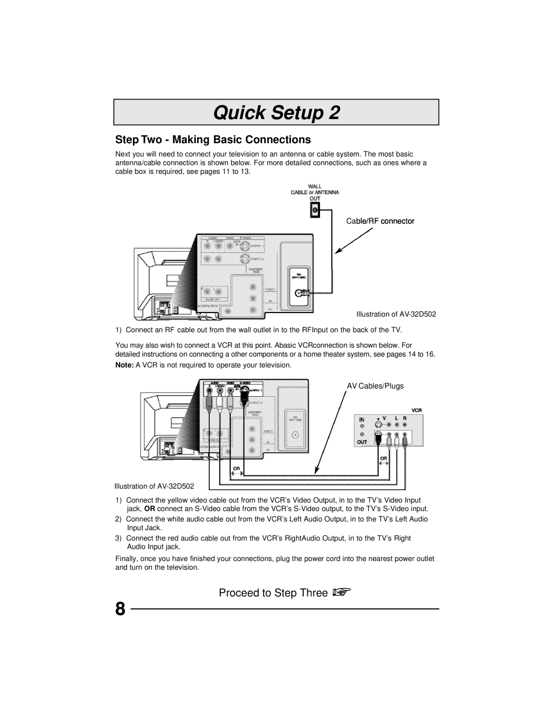 JVC AV 36D502, AV 36D202, AV 36D302, AV 32D302 manual Step Two - Making Basic Connections, Quick Setup, Proceed to Step Three 