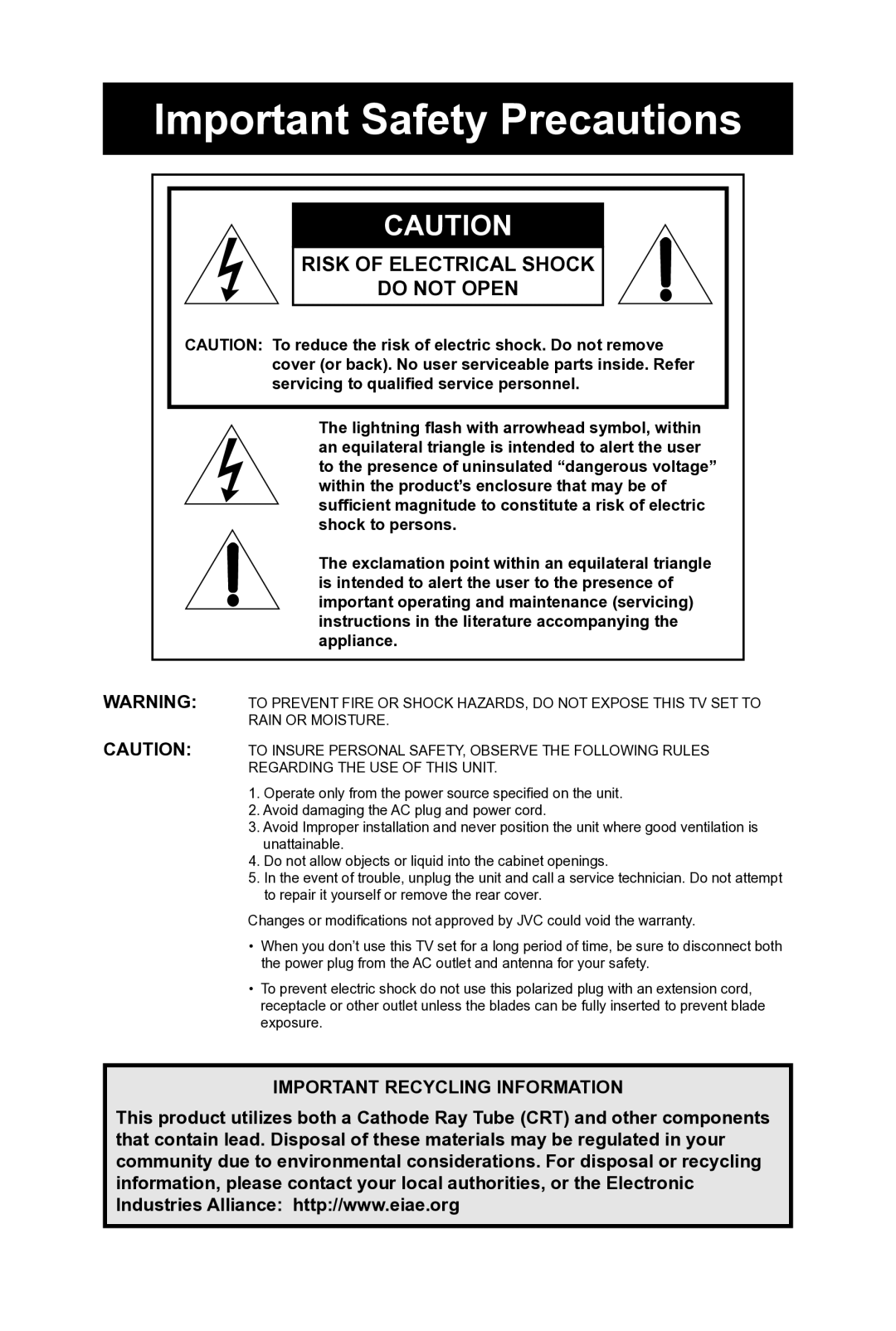 JVC AV 32D104, AV 36D304, AV 36D104 manual Important Safety Precautions, Risk of Electrical Shock Do not Open 