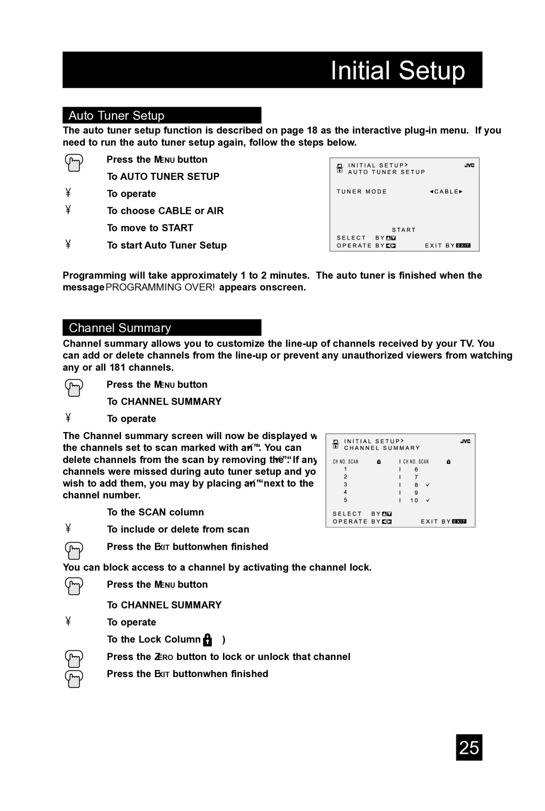 JVC AV 36D104, AV 36D304, AV 32D104 manual Initial Setup, Auto Tuner Setup, Channel Summary 