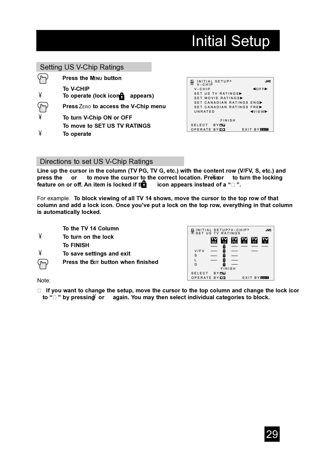 JVC AV 36D104, AV 36D304, AV 32D104 manual Setting US V-Chip Ratings, Directions to set US V-Chip Ratings 