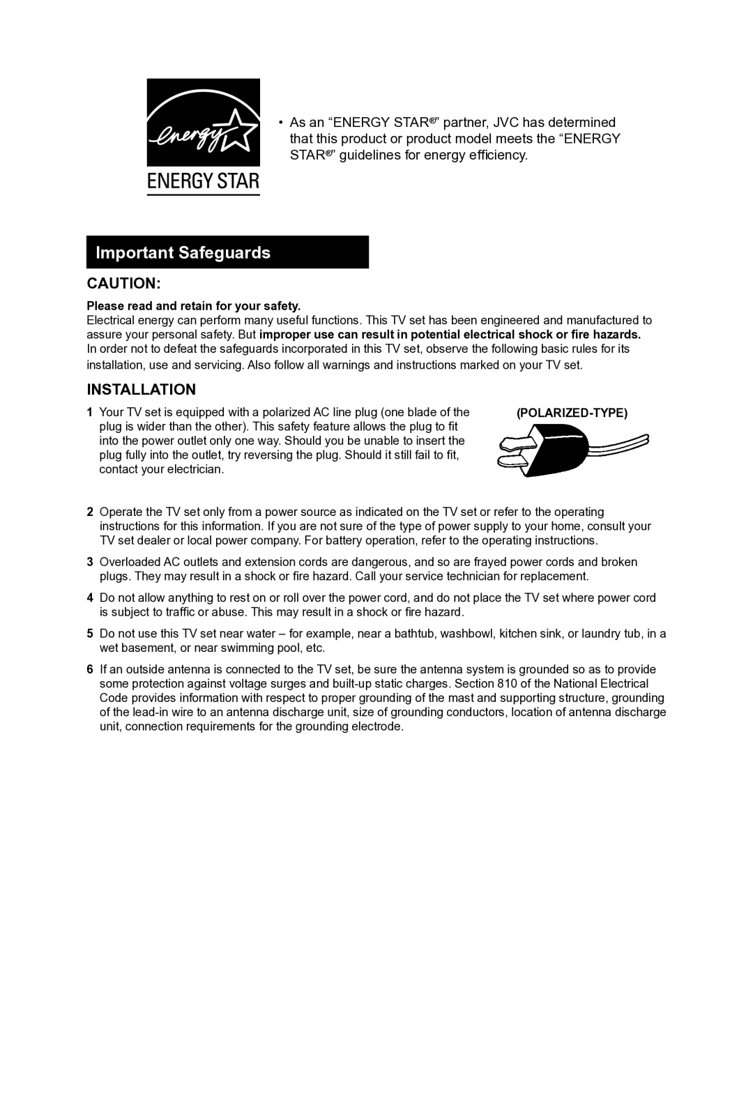 JVC AV-32D304, AV-36D304, AV-36D104, AV-32D104, AV 36D304 Important Safeguards, Please read and retain for your safety 