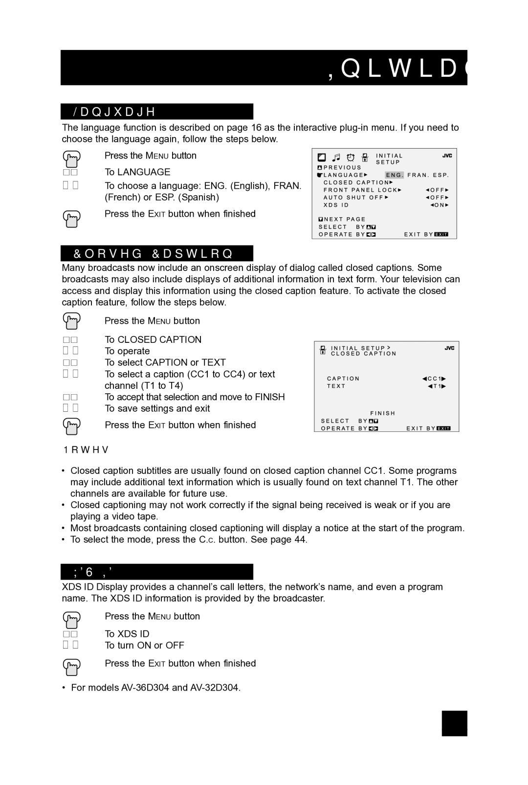 JVC AV 36D104, AV 36D304, AV 32D104, AV-32D304, AV-36D304, AV-36D104, AV-32D104 manual Language, Closed Caption 