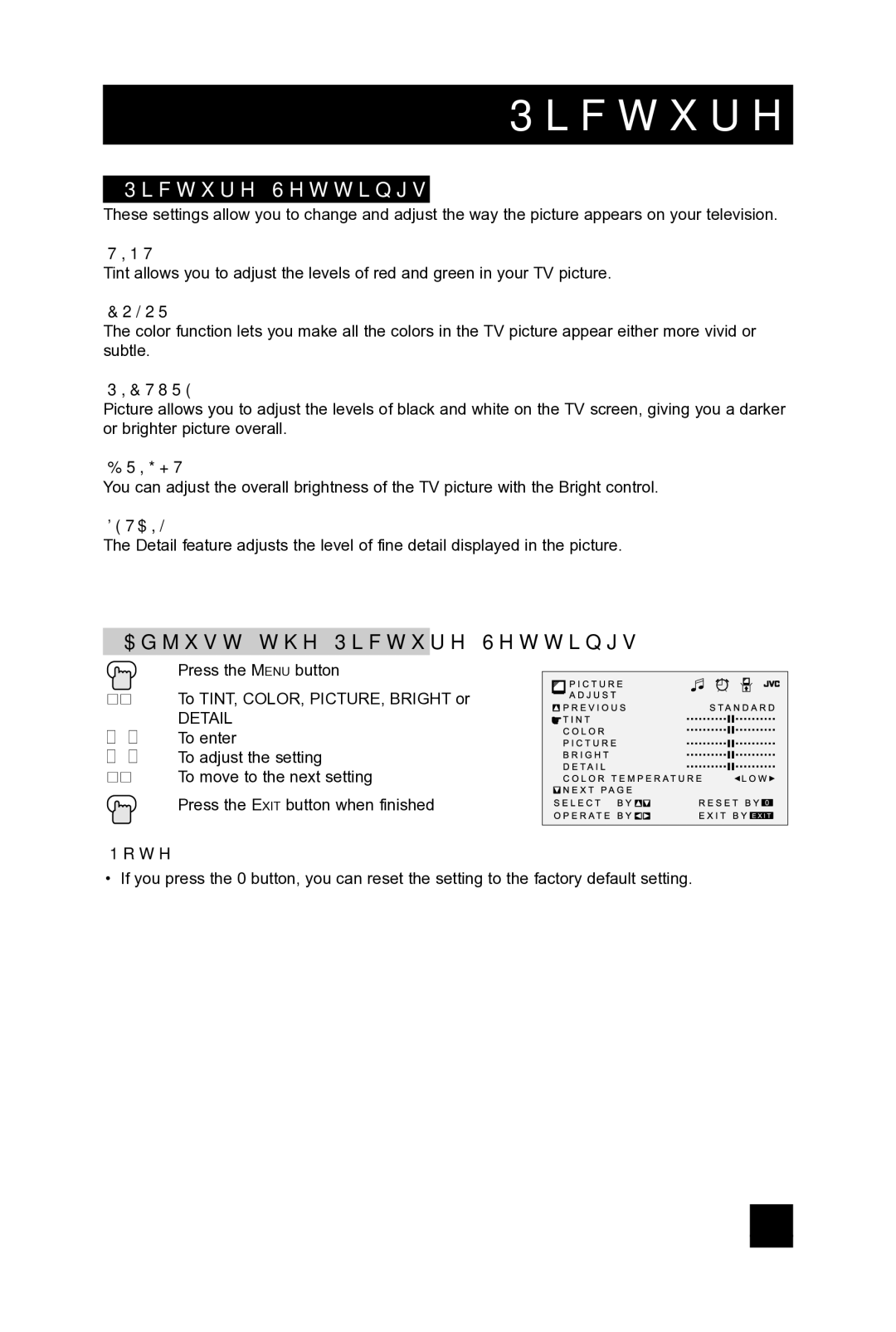 JVC AV-32D304, AV-36D304, AV-36D104, AV-32D104, AV 36D304, AV 36D104 manual Picture Adjust, Adjust the Picture Settings 