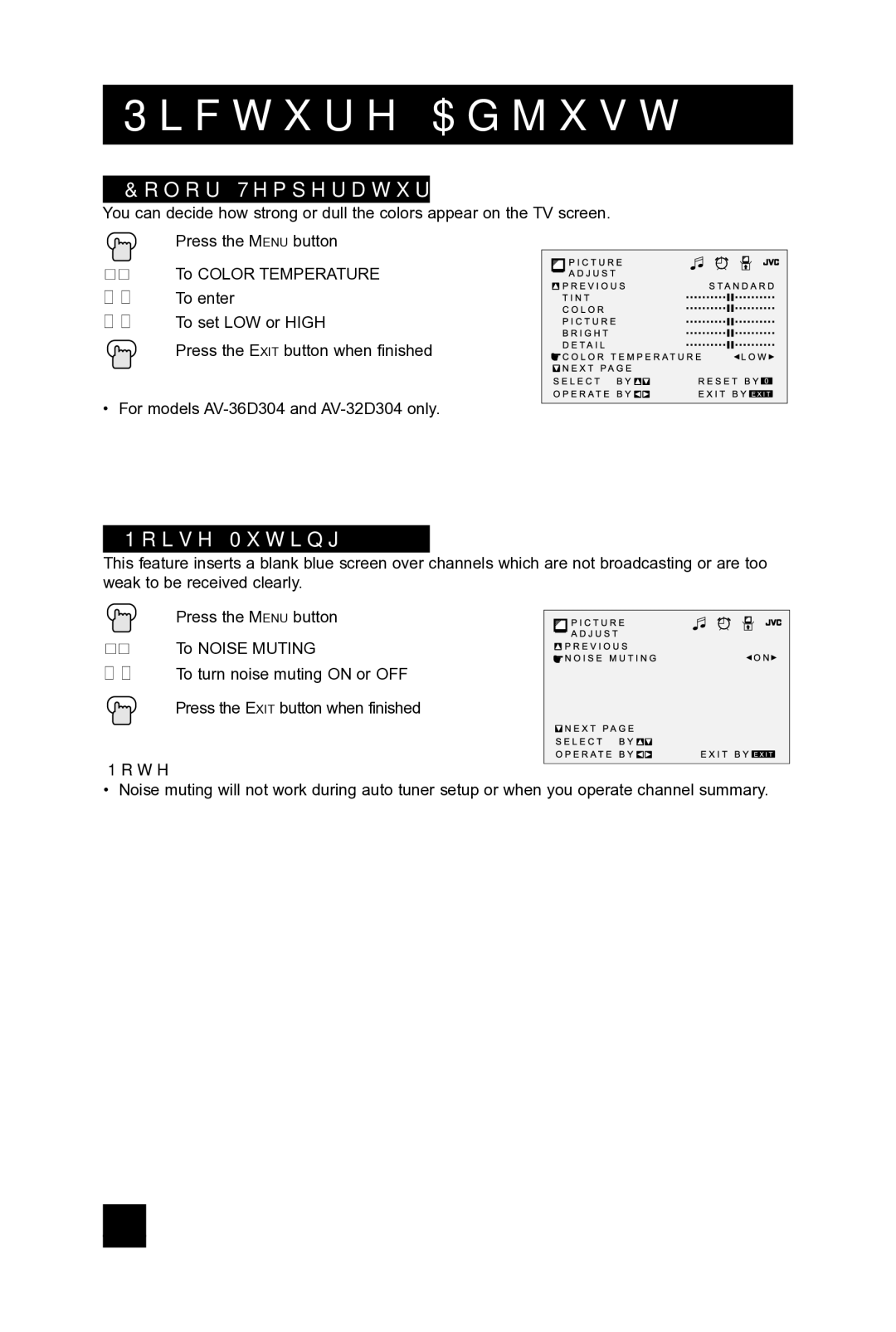 JVC AV 36D304, AV 36D104, AV 32D104, AV-32D304, AV-36D304, AV-36D104, AV-32D104 manual Color Temperature, Noise Muting 