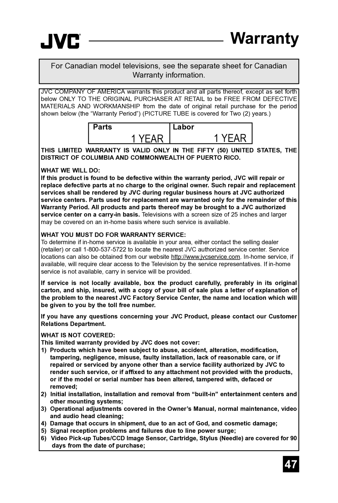 JVC AV-32D304, AV-36D304, AV-36D104, AV-32D104, AV 36D304, AV 36D104, AV 32D104 manual Parts, Labor 