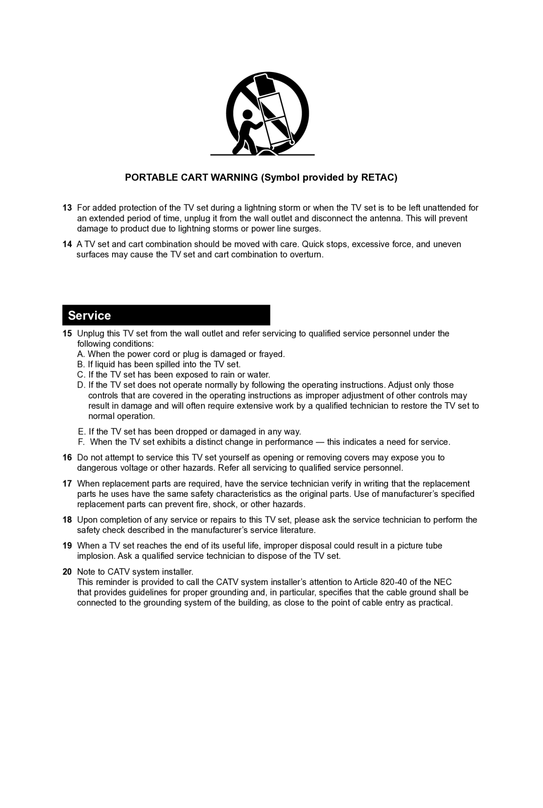 JVC AV 36D104, AV 36D304, AV 32D104 manual Service, Portable Cart Warning Symbol provided by Retac 