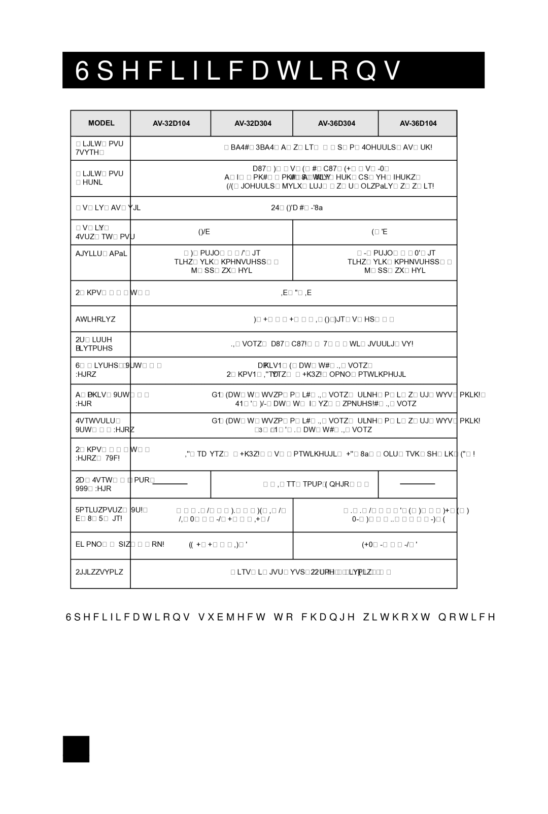 JVC AV 32D104, AV 36D304, AV 36D104, AV-32D304, AV-36D304, AV-36D104, AV-32D104 manual Specifications 